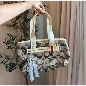 Vintage Coach Signature Canvas Shoulder Bag Tan Brown Monogram Butter Yellow